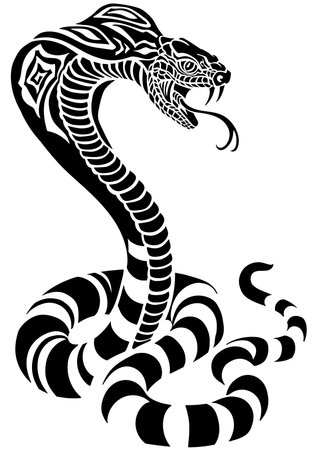cobra poisonous snake in a defensive position. Attacking posture. Silhouette. Black and white tattoo style vector illustrationのイラスト素材