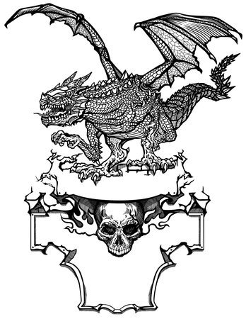 Medieval dragon and burning human skull. Classic European mythological creature with open bat-type wings. Design template. Graphic style isolated vector illustrationのイラスト素材