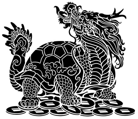 Dragon Turtle Tortoise sitting on a lot of coins. Mythological Chinese creature. Celestial Feng Shui animal. Silhouette. Side view. Black and white isolated vector illustrationのイラスト素材