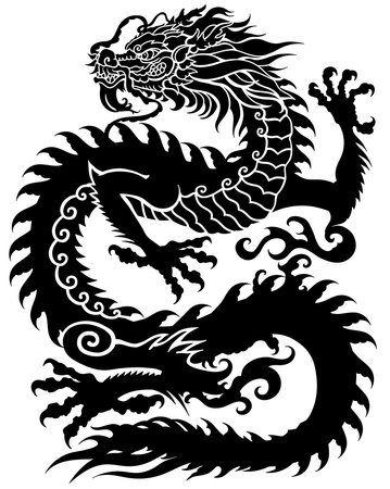 Chinese dragon silhouette. Traditional mythological creature of East Asia. Tattoo.Celestial feng shui animal. Side view. Graphic style vector illustrationのイラスト素材