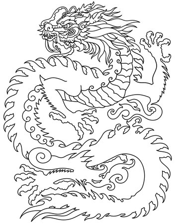 Chinese dragon silhouette. Traditional mythological creature of East Asia. Tattoo.Celestial feng shui animal. Side view. Graphic lineart vector illustrationのイラスト素材