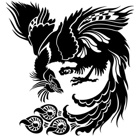 Chinese phoenix or Feng Huang magical bird. One of the celestial feng shui animals. Black silhouette. Isolated vector illustrationのイラスト素材