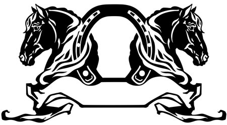 two heads of horses in profile. Silhouette. Logo, banner, emblem with horseshoe and ribbon scroll. Black and white side view vectorのイラスト素材