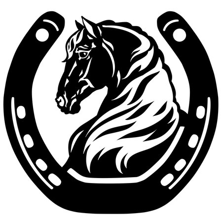 horse head profile in the horseshoe. Silhouette. Side view. Logo. icon, emblem. Black and white vector illustrationのイラスト素材