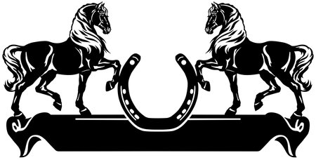 two horses in profile. Silhouette. Logo, banner, emblem with horseshoe and ribbon scroll. Black and white side view vector illustrationのイラスト素材
