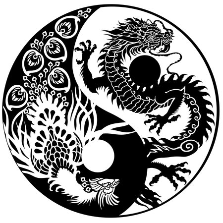 Chinese dragon and phoenix Feng Huang in the yin-yang symbol. Silhouettes. Traditional mythological creatures of Chine. Tattoo.Celestial feng shui animals. Graphic style vector illustrationのイラスト素材