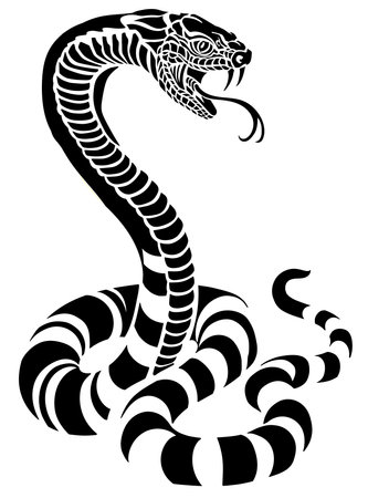 poisonous snake in a defensive position. Attacking posture. Silhouette. Black and white tattoo style vector illustrationのイラスト素材