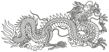 Chinese or Eastern dragon . Traditional mythological creature of East Asia. Tattoo.Celestial feng shui animal. Side view. Graphic lineart vector illustrationのイラスト素材