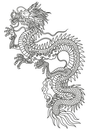 Chinese or Eastern dragon . Traditional mythological creature of East Asia. Tattoo.Celestial feng shui animal. Side view. Graphic line art. Isolated vector illustrationのイラスト素材