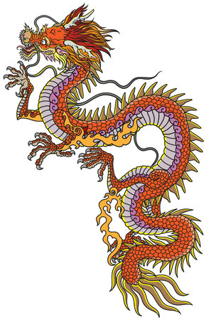 Chinese or Eastern red dragon. Traditional mythological creature of East Asia. Tattoo.Celestial feng shui animal. Side view. Graphic style isolated vector illustrationのイラスト素材