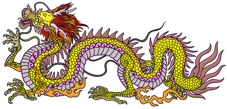 Chinese or Eastern yellow golden dragon. Traditional mythological creature of East Asia. Tattoo.Celestial feng shui animal. Side view. Graphic style isolated vector illustrationのイラスト素材