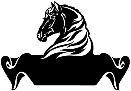 head of a horse in profile. Logo, banner, emblem with ribbon scroll. Side view. Silhouette. Black and white vectorのイラスト素材