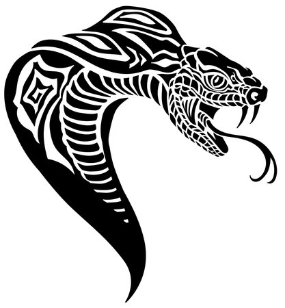 cobra poisonous snake in a defensive position. Head. Attacking posture. Silhouette. Black and white tattoo style vector illustrationのイラスト素材