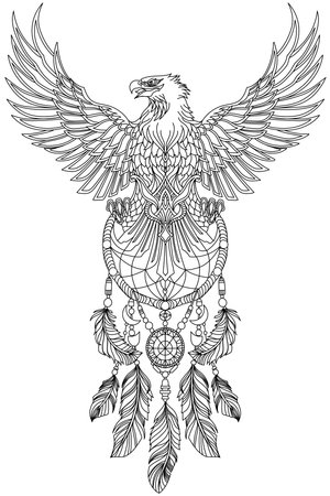 Eagle with wings spread and holding native indian  dreamcatcher, head turned in profile. Front view, vertical. Traditional outline tattoo. Black and white vector illustrationのイラスト素材