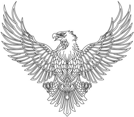 Eagle with wings spread, head turned in profile. Traditional outline tattoo. Black and white vector illustrationのイラスト素材