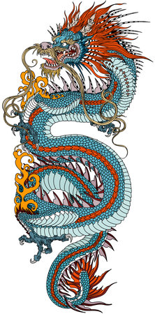 Chinese azure or blue dragon in vertical position. A head facing towards the left side and baring its teeth, a serpent-like body, elegantly coiled around a central focal point. Traditional tattoo style vector illustration isolated on white backgroundのイラスト素材