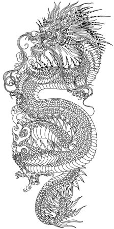Chinese or East Asian dragon in vertical position. A head facing towards the left side and baring its teeth, a serpent-like body, elegantly coiled around a central focal point. Traditional tattoo style vector illustration isolated on white backgroundのイラスト素材
