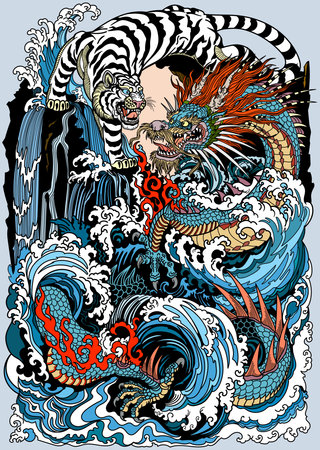 Azure dragon and white tiger meetings at a waterfall. Chinese celestial animals. Mythological creatures  looking at each other, surrounded by water waves. Vertical, graphic style vector illustrationのイラスト素材