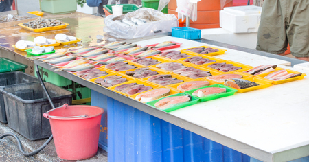 Variety of fish in a marketの写真素材