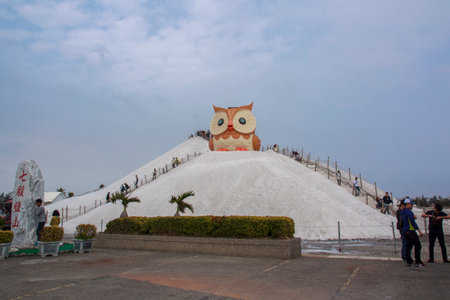 Qigu Salt Mountain, Taiwan- March 11, 2017: Salt Mountain and owl statue in Qigu Salt Mountain, Taiwanのeditorial素材
