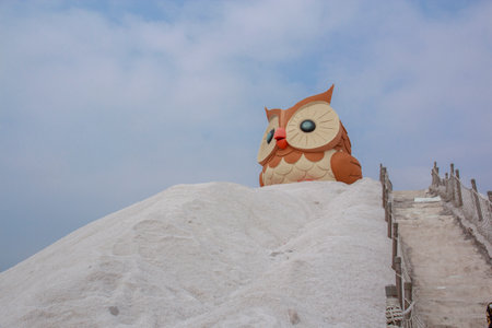 Qigu Salt Mountain, Taiwan- March 11, 2017: Salt Mountain and owl statue in Qigu Salt Mountain, Taiwanのeditorial素材