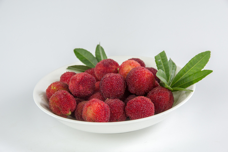 Arbutus in the plate isolated on white backgroundの写真素材