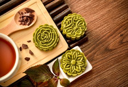 Mung bean cake (lvdougao) is a traditional and popular Chinese dessert in summer made for the Moon Festival or Dragon Boat Festival.の写真素材