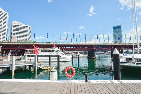 SYDNEY, AUSTRALIA - October 9th. 2017: Boats moored in the marina at Darling Harbor. The harbor is named after Ralph Daring who was Governor of NSWのeditorial素材