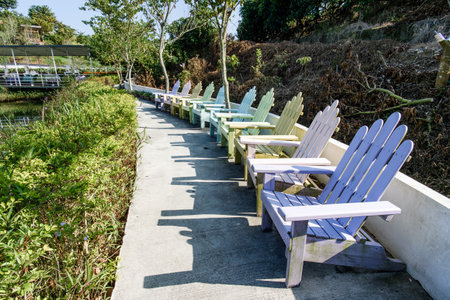 Tainan, Taiwan-November 17, 2017: Color wooden chair in White Church Park for Tourism and Photo Shooting in Yujing.のeditorial素材