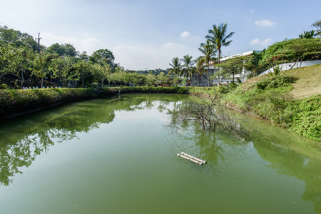 Tainan, Taiwan-November 17, 2017: Beauty views, blue sky and green trees in White Church Park for Tourism and Photo Shooting in Yujing.のeditorial素材