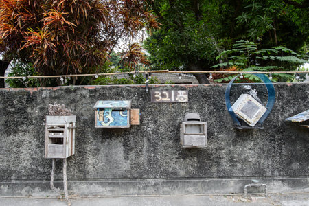 Tainan, Taiwan - November 24,2017: mailboxes and 321 lane sign on the wall in 321 arts villageのeditorial素材