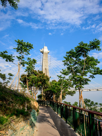 Gangshan Kaohsiung, Taiwan. - April 20, 2018: Landscape View of Siaogangshan Skywalk Park, which is shaped on the image of a violin, with the cables serving as its strings at Gangshan, Kaohsiung, Taiwan.のeditorial素材