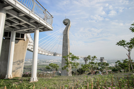 Gangshan Kaohsiung, Taiwan. - April 20, 2018: Landscape View of The Agongdian Water Reservoir Area From The Newly Built Landmark of Siaogangshan Skywalk Park at Gangshan, Kaohsiung, Taiwanのeditorial素材