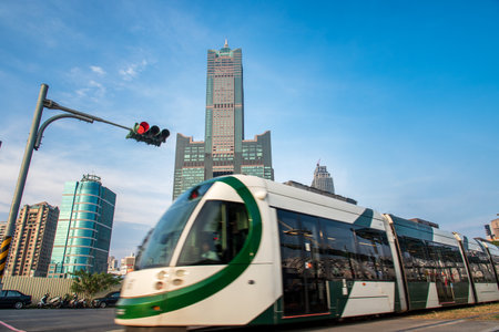Kaohsiung City, Taiwan - June 8, 2018:light rail and 85 sky towerのeditorial素材