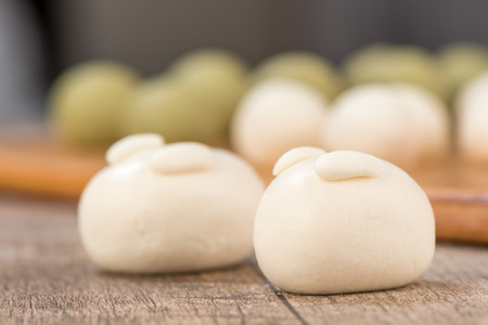 The cooking step of making Japanese Dango dessert with 3 different color in pink(red), white, and green, recipe, hanami Dango, tsukimi Dango, copy spaceの写真素材