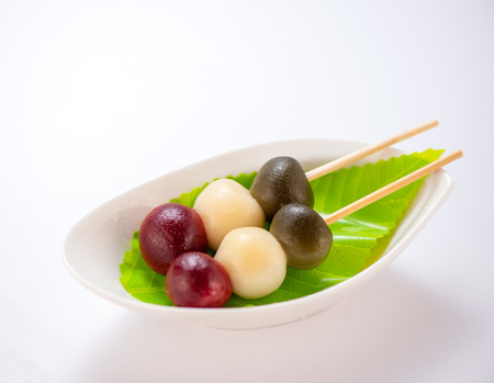 Japanese Dango dessert with 3 different color in pink(red), white, and green, recipe, hanami Dango,...