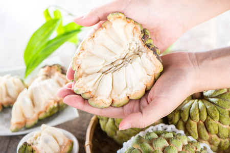 fresh sugar apple fruit(Custard Apple),sweetsop on wooden table background