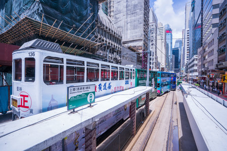Hong Kong, China - June 24, 2018: Hong Kong tramways, Hong Kong's trams run in two directions --...