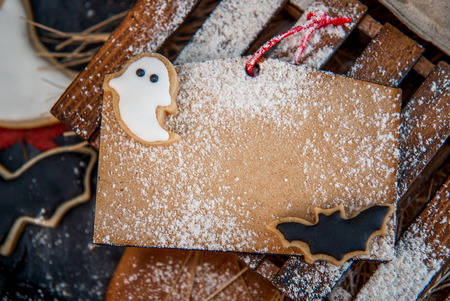 Funny halloween treats, eyeball in egg on dark background, copy space, top viewの写真素材