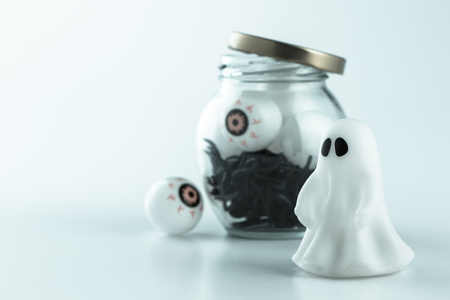 Beautiful halloween decoration trick or treat on white background with filter, concept of halloween party, copy space(text space), close-up, blank for textの写真素材