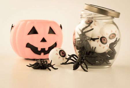 Beautiful halloween decoration trick or treat on white background with filter, concept of halloween party, copy space(text space), close-up, blank for textの写真素材