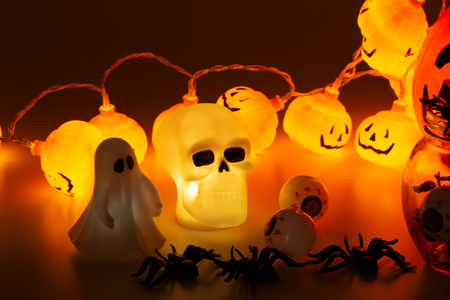 Beautiful halloween decoration trick or treat on white background with filter, concept of halloween party, copy space(text space), close-up, blank for textの写真素材