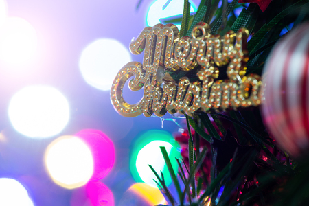 Christmas tree with beautiful xmas decoration in blurry sparkle background, bokeh, close up, copy space (text space)の写真素材