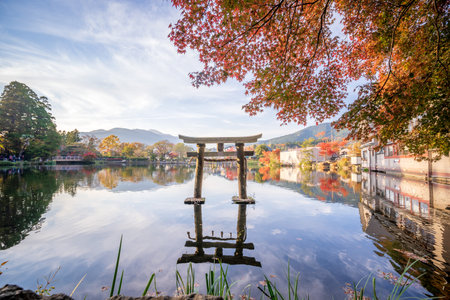 Beautiful red maple leaves and Japanese torii at lake kinrinko, oita, Japan, in autumn sunny day, blue sky, close up, copy spaceのeditorial素材