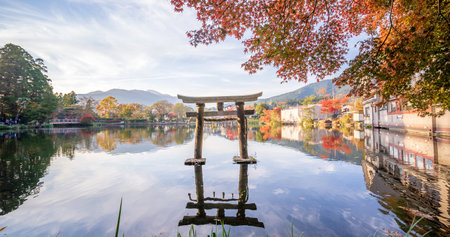 Beautiful red maple leaves and Japanese torii at lake kinrinko, oita, Japan, in autumn sunny day,...