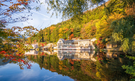 Yufuin Kinrinko, Japan, November 07, 2018: Beautiful red maple leaves at lake kinrinko, oita, Japan.