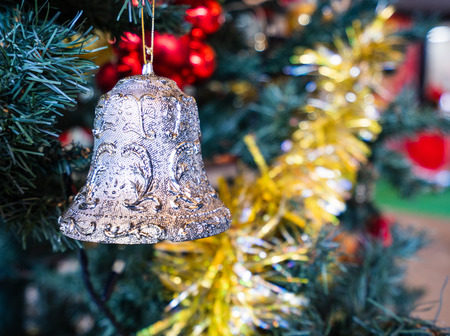 Christmas tree with beautiful xmas decoration in blurry background, bokeh, close up, copy space(text space)の写真素材