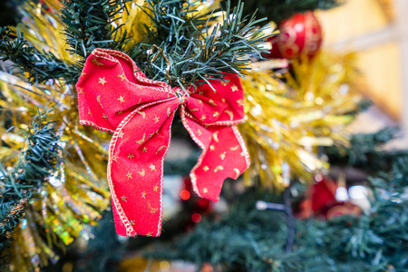 Christmas tree with beautiful xmas decoration in blurry background, bokeh, close up, copy space(text space)の写真素材
