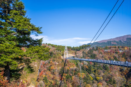 Kuju, oita, Japan, November 11, 2018: Kokonoe Yume Suspension Bridge (otsurihashi), the most highest suspension bridge for walkway in Japan.