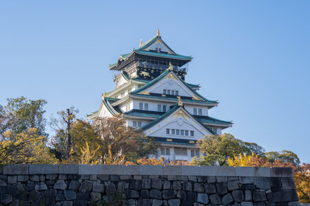 Grand and beautiful world famous Osaka castle in autumn with blue sky, Japan, close upのeditorial素材